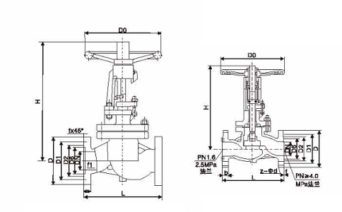 铸钢法兰截止阀J41H-16C结构示意图尺寸表