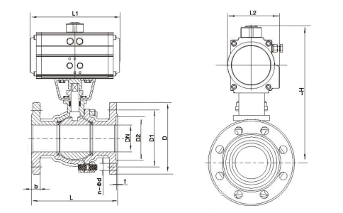 铸钢气动法兰切断调节球阀Q641F-16C结构外形尺寸图解