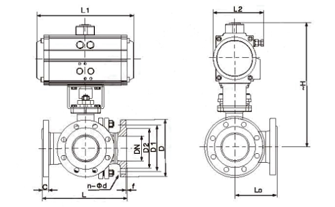 不锈钢三通（L型T型）法兰球阀Q644/5F-16P尺寸结构表